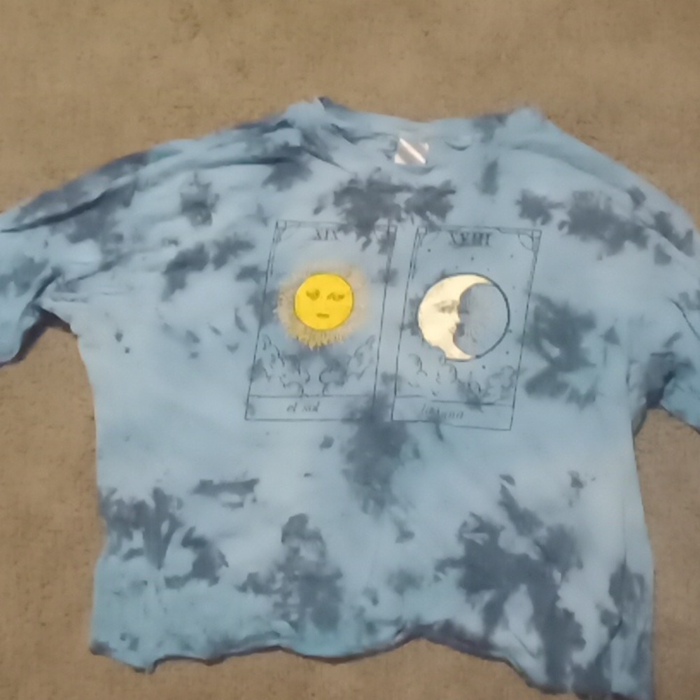 Long sleeve blue tie dye sun and moon shirt